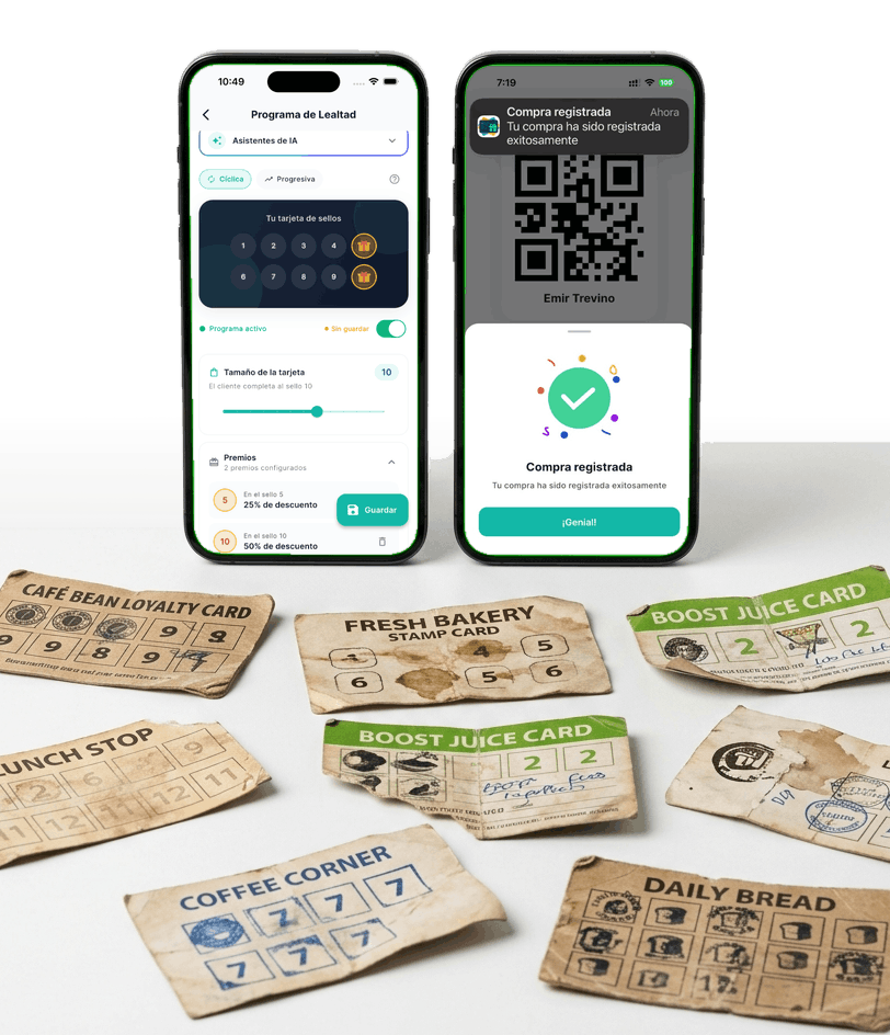 Tarjetas de lealtad de cartón apiladas debajo de dos teléfonos mostrando la app de Util Points — composición vertical optimizada para móvil.